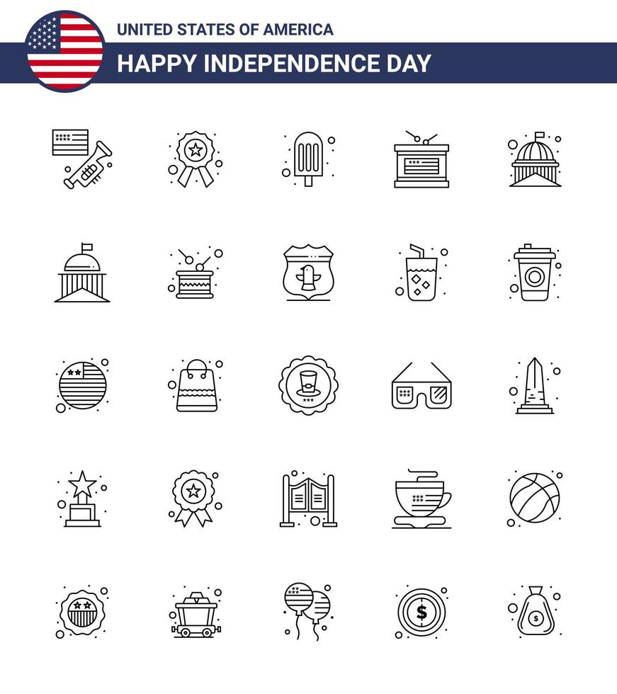 4 de julio estados unidos feliz día de la independencia icono símbolos grupo de 25 líneas modernas de edificio emblemático crema día de la independencia vacaciones editable día de estados unidos elementos de diseño vectorial vector