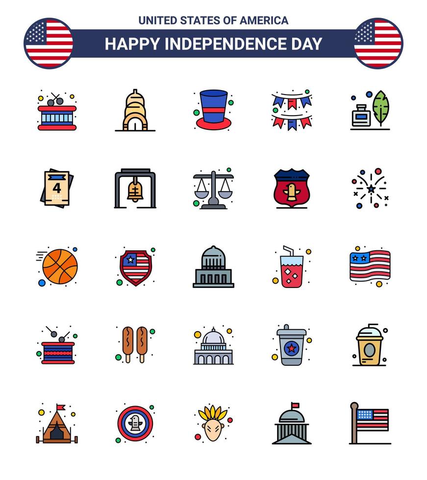 4th July USA Happy Independence Day Icon Symbols Group of 25 Modern Flat Filled Lines of ink bottle adobe hat garland decoration Editable USA Day Vector Design Elements
