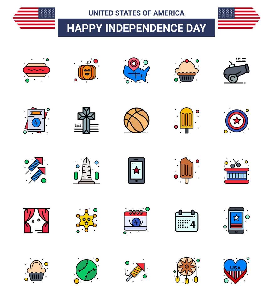 feliz paquete del día de la independencia de 25 líneas planas llenas de signos y símbolos para los estados de la pistola grande del obús pastel de muffin elementos de diseño vectorial editables del día de EE. UU. vector