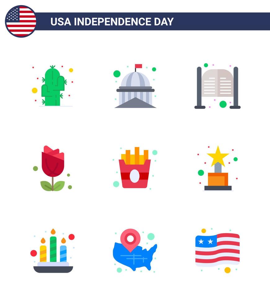 Happy Independence Day Pack of 9 Flats Signs and Symbols for plent imerican white flower day Editable USA Day Vector Design Elements