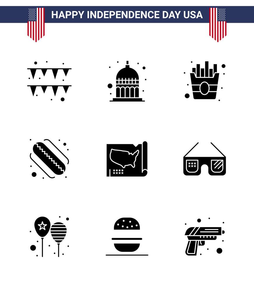 Happy Independence Day USA Pack of 9 Creative Solid Glyphs of sunglasses united food states states Editable USA Day Vector Design Elements