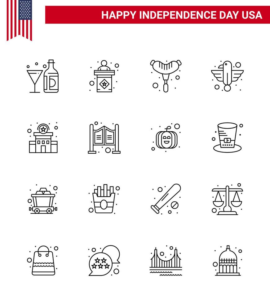 4 de julio estados unidos feliz día de la independencia icono símbolos grupo de 16 líneas modernas de construcción águila signo pájaro americano editable día de estados unidos elementos de diseño vectorial vector