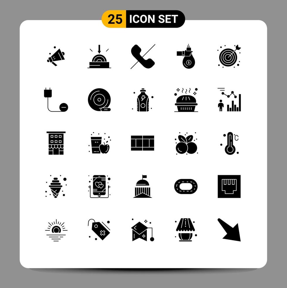 Set of 25 Vector Solid Glyphs on Grid for bulls eye money deny investment finance Editable Vector Design Elements