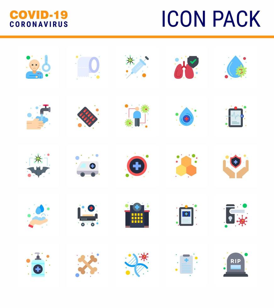 Conjunto de 25 colores planos de iconos epidémicos del virus de la corona, como fiebre, gripe sanguínea, protección limpia, protección del coronavirus viral 2019nov, elementos de diseño del vector de la enfermedad