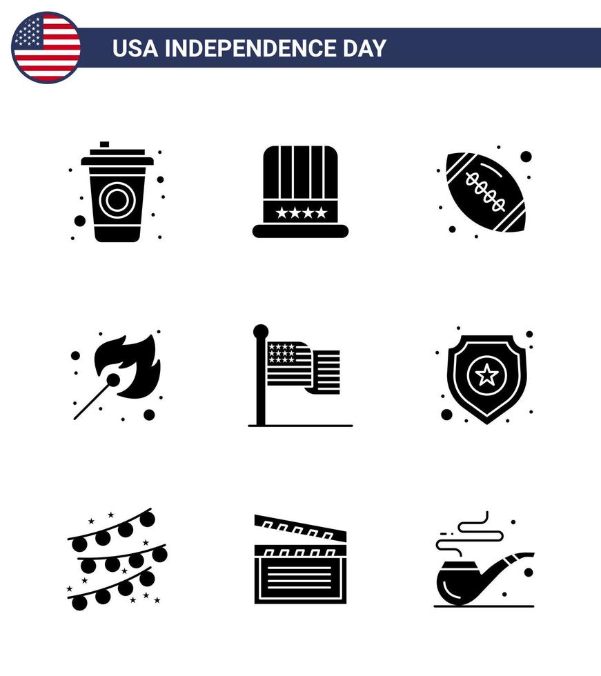 Editable Vector Line Pack of USA Day 9 Simple Solid Glyphs of thanksgiving american rugby outdoor fire Editable USA Day Vector Design Elements