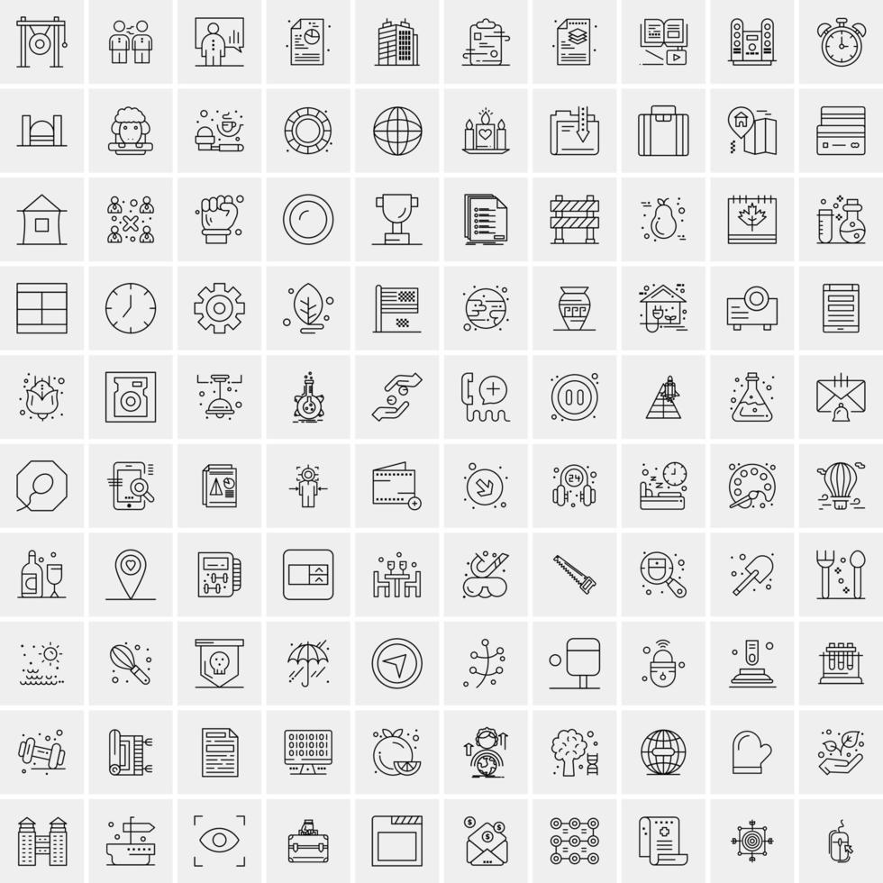 100 Universal Black Line Icons on White Background vector