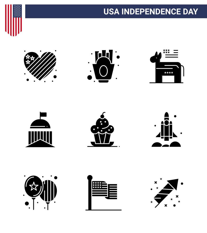 USA Independence Day Solid Glyph Set of 9 USA Pictograms of cake ireland donkey green city Editable USA Day Vector Design Elements