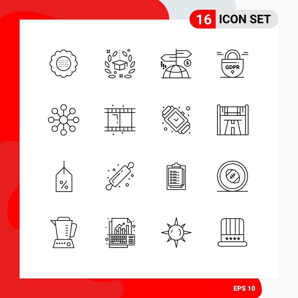 Pictogram Set of 16 Simple Outlines of secure gdpr graduation data finance Editable Vector Design Elements