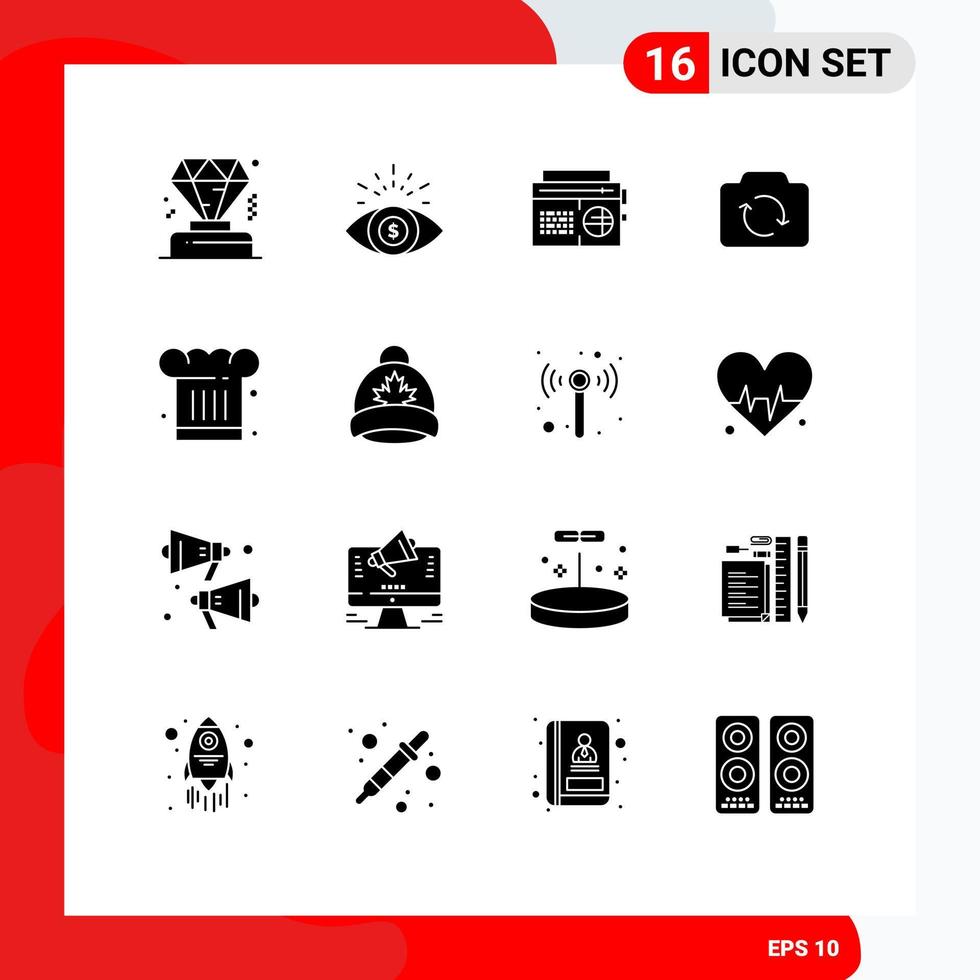 Modern Set of 16 Solid Glyphs Pictograph of cook chef audio cafe basic Editable Vector Design Elements