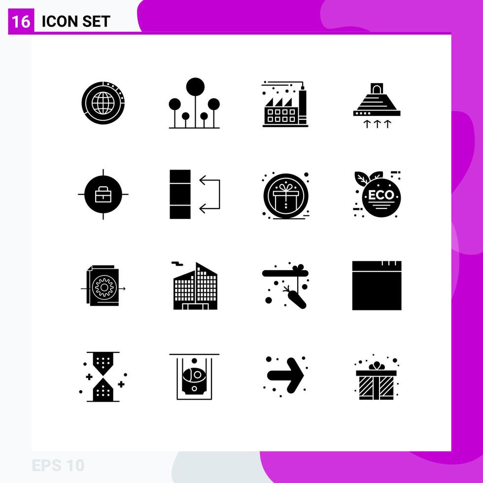 paquete de 16 signos y símbolos de glifos sólidos modernos para medios de impresión web, como elementos de diseño de vectores editables de fábrica de capucha verde de cocina de escape