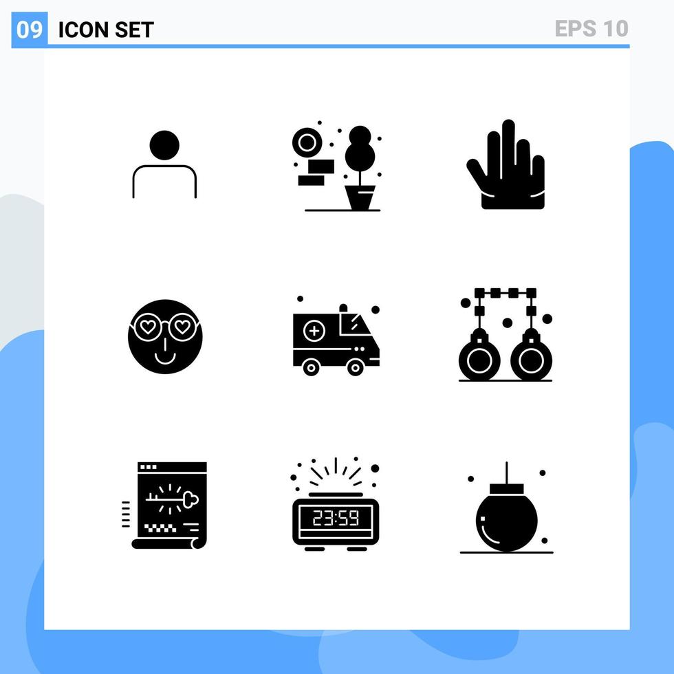 Mobile Interface Solid Glyph Set of 9 Pictograms of emergency user fingers cute emoji Editable Vector Design Elements