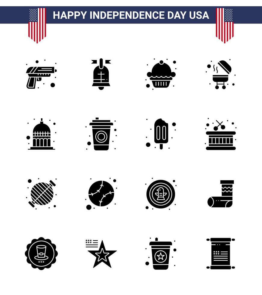 feliz día de la independencia usa paquete de 16 glifos sólidos creativos de usa indianapolis cake indiana bbq editable usa day elementos de diseño vectorial vector