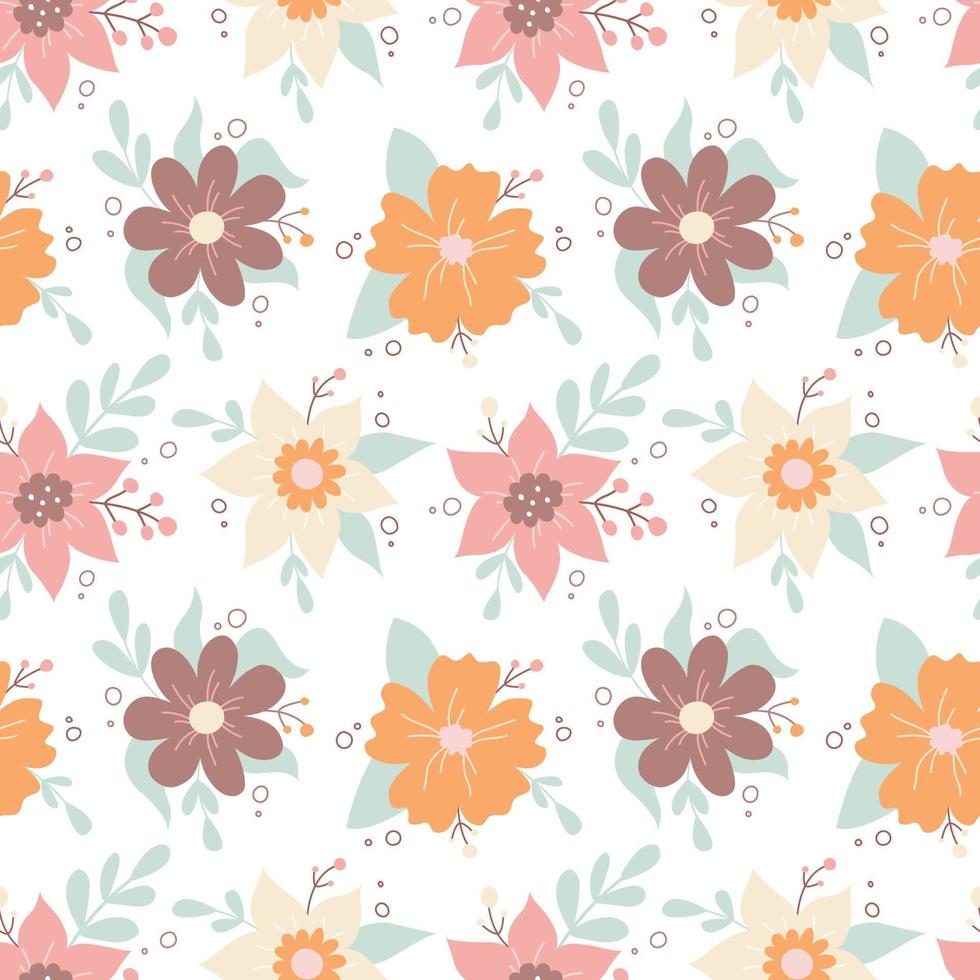 Cute flowers in pastel colors on white background, vector seamless pattern