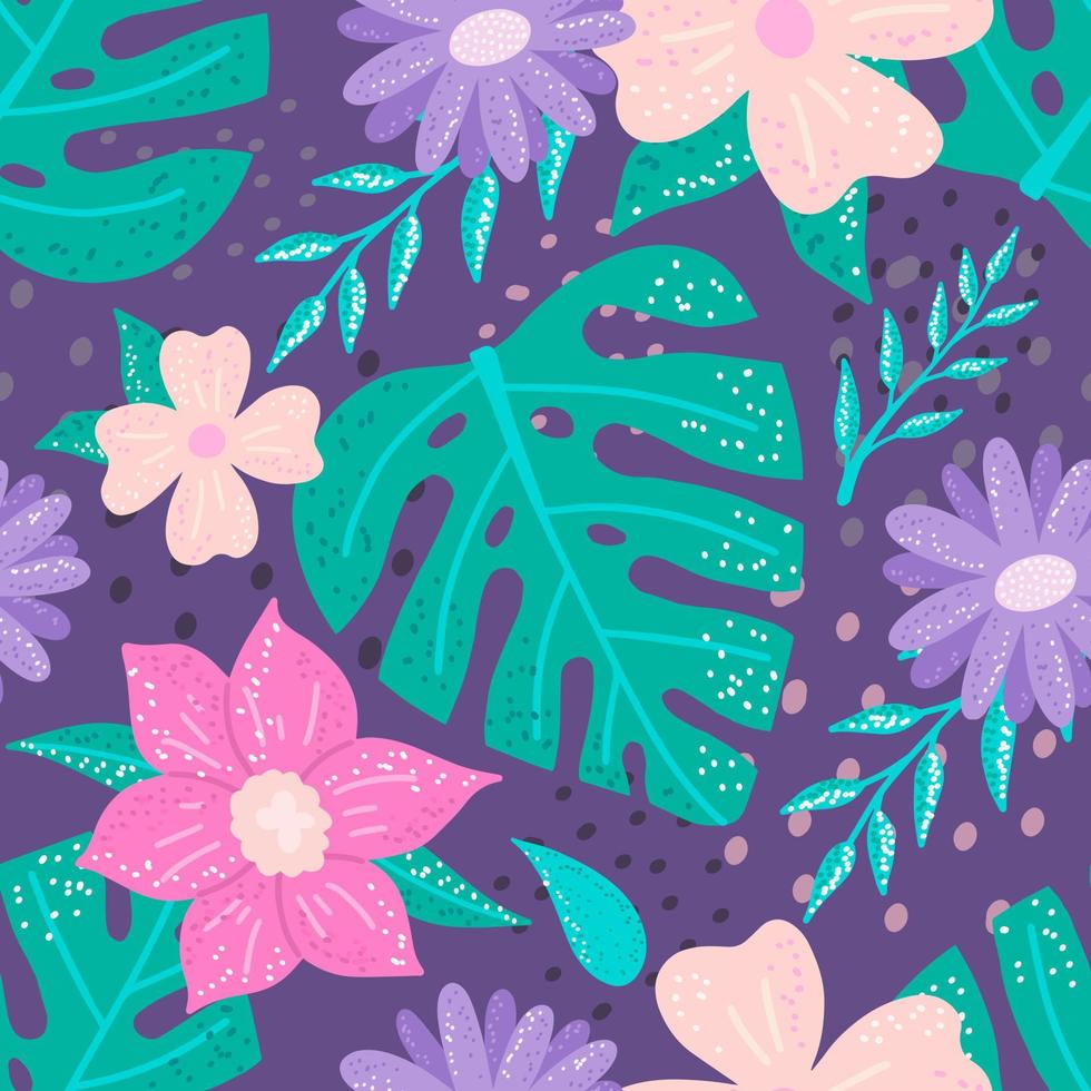 Floral bright vector seamless pattern with exotic plants, monstera leaves, palm trees