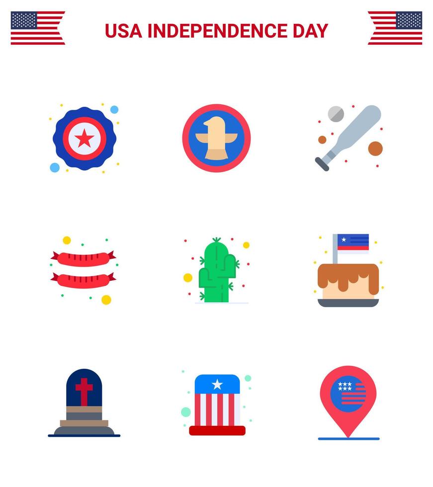 usa feliz día de la independencia pictograma conjunto de 9 pisos simples de festival planta murciélago flor salchicha editable usa día vector diseño elementos