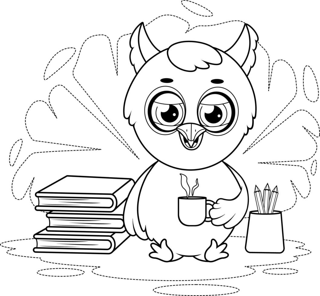 Coloring page. Sleepy cute owl with a cup of hot tea, books and pencils vector
