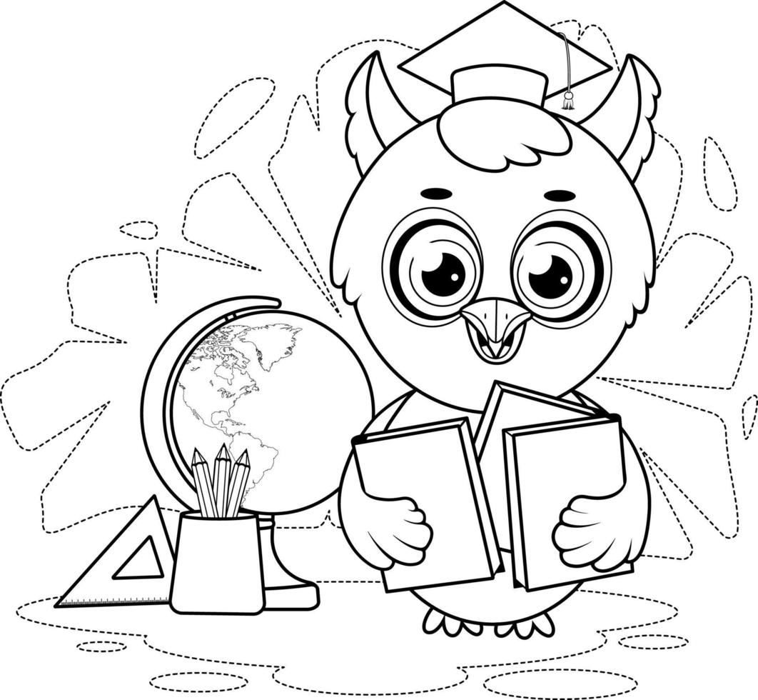 Coloring page. Smart owl with books, pencils, ruler and globe vector