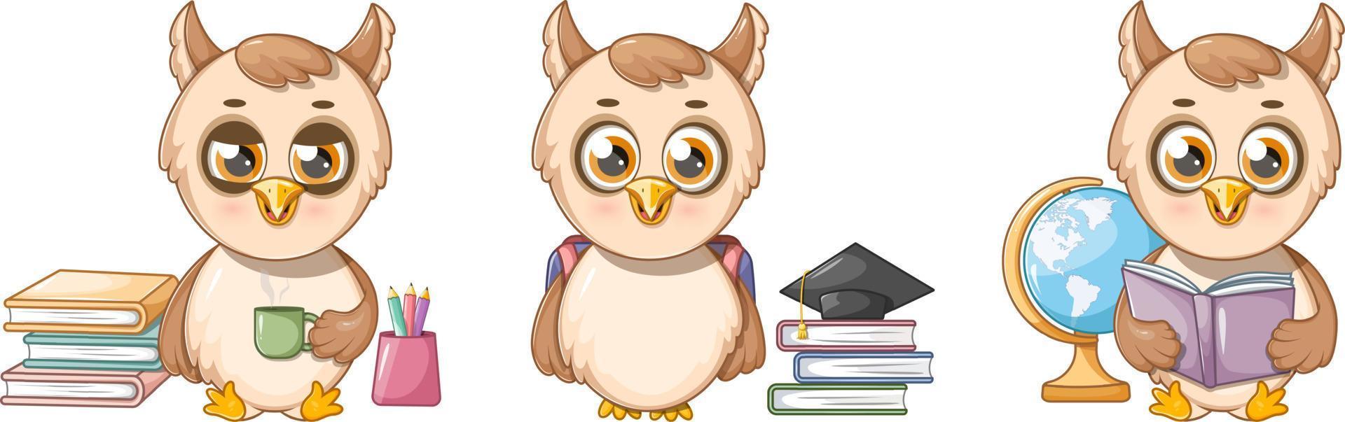 Collection of smart cartoon owls with school supplies vector