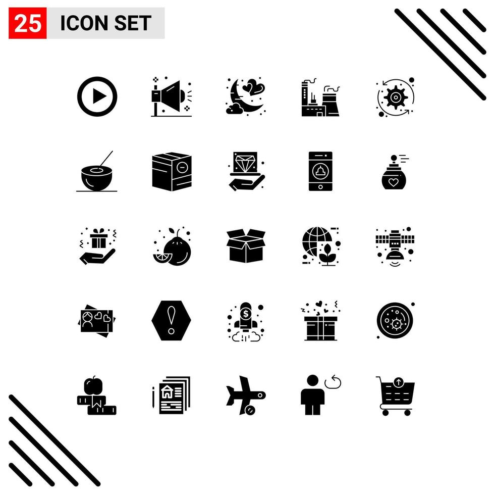 25 Universal Solid Glyph Signs Symbols of arrows factory date construction romantic Editable Vector Design Elements
