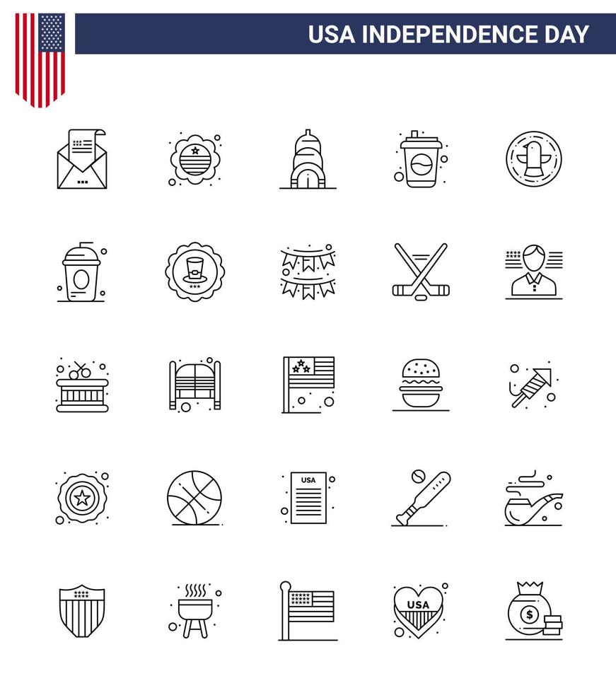 Stock Vector Icon Pack of American Day 25 Line Signs and Symbols for bird soda badge drink bottle Editable USA Day Vector Design Elements