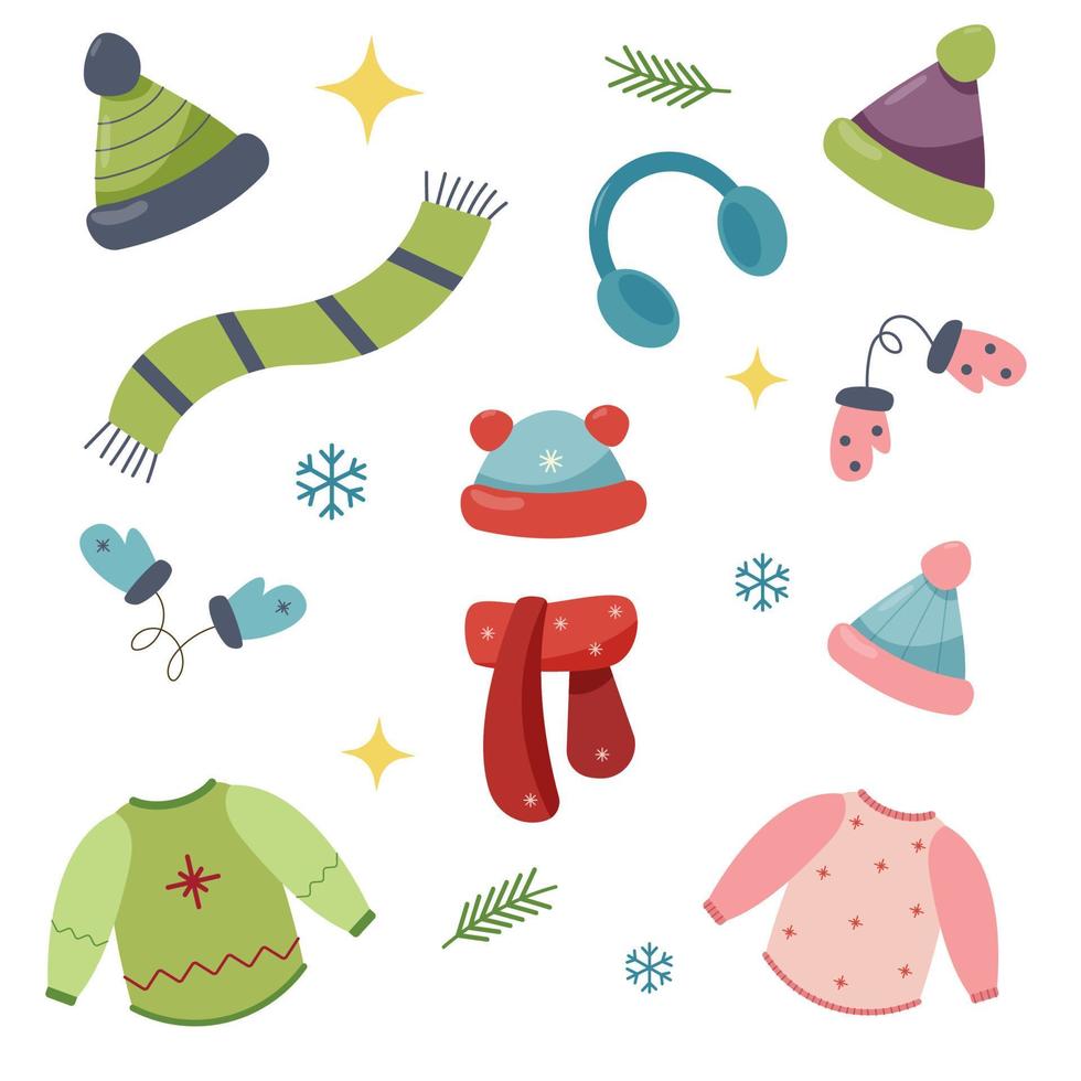 Flat set of winter clothes. Sweater, hats, scarf, headphones, mittens, snowflakes vector