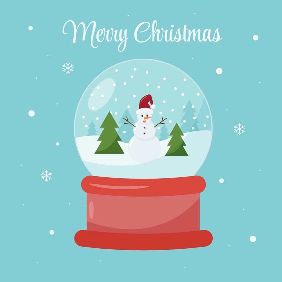 Glass snow globe with a snowman and Christmas trees. Flat illustration on a blue background, inscription merry christmas. Finished postcard vector