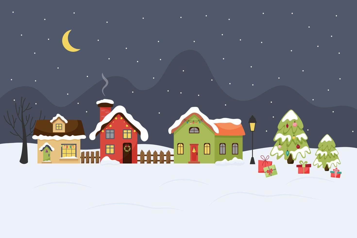 Winter houses. Flat set of houses in the snow, decorated with garlands, a winter landscape, village, the moon is in the sky, a starry sky, lights are on in the windows, a Christmas tree with gifts vector