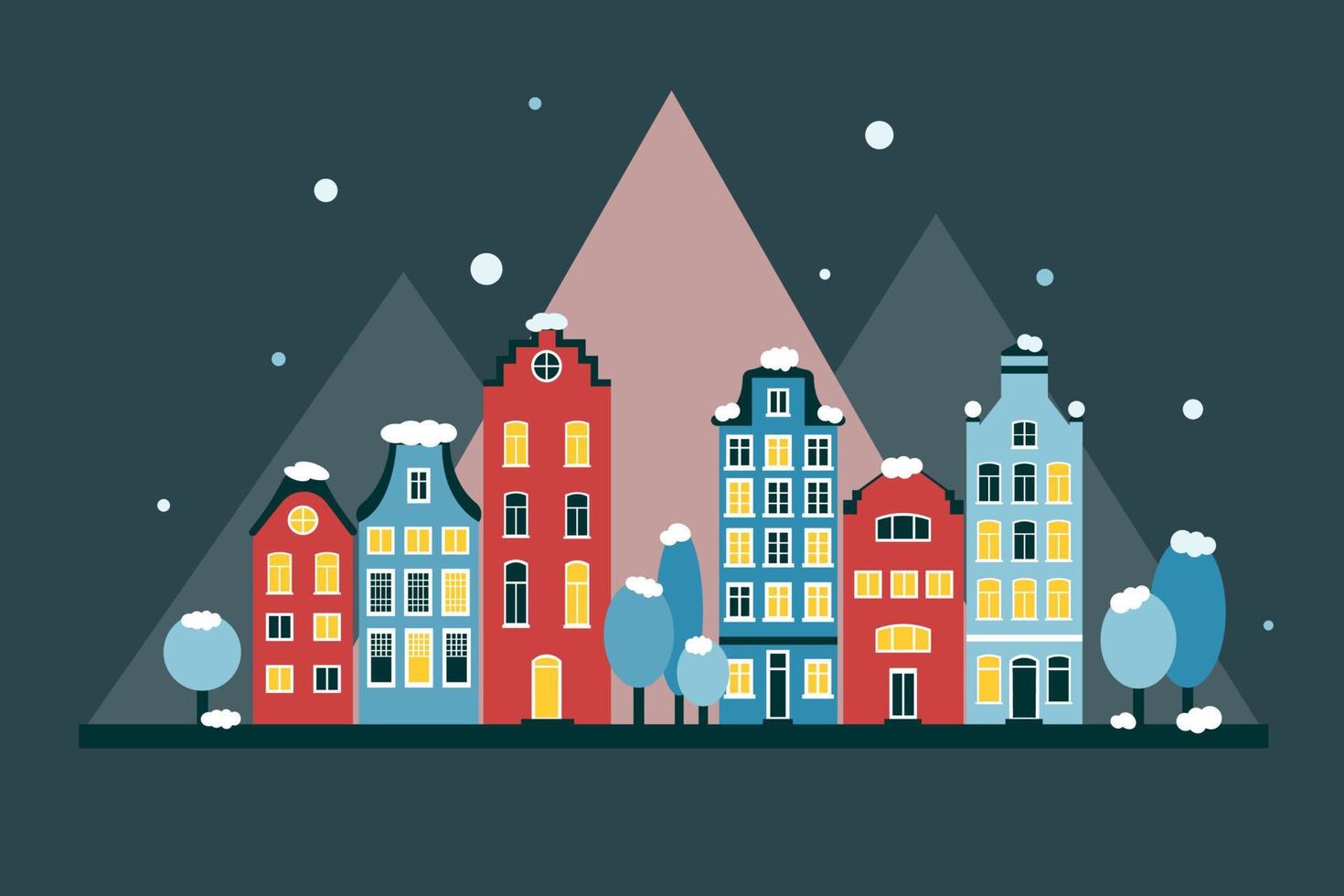 Flat winter cityscape of Amsterdam in red and blue colors. Night, dark background. Mountains in the background. Snow on trees and rooftops. Lights on in the windows vector