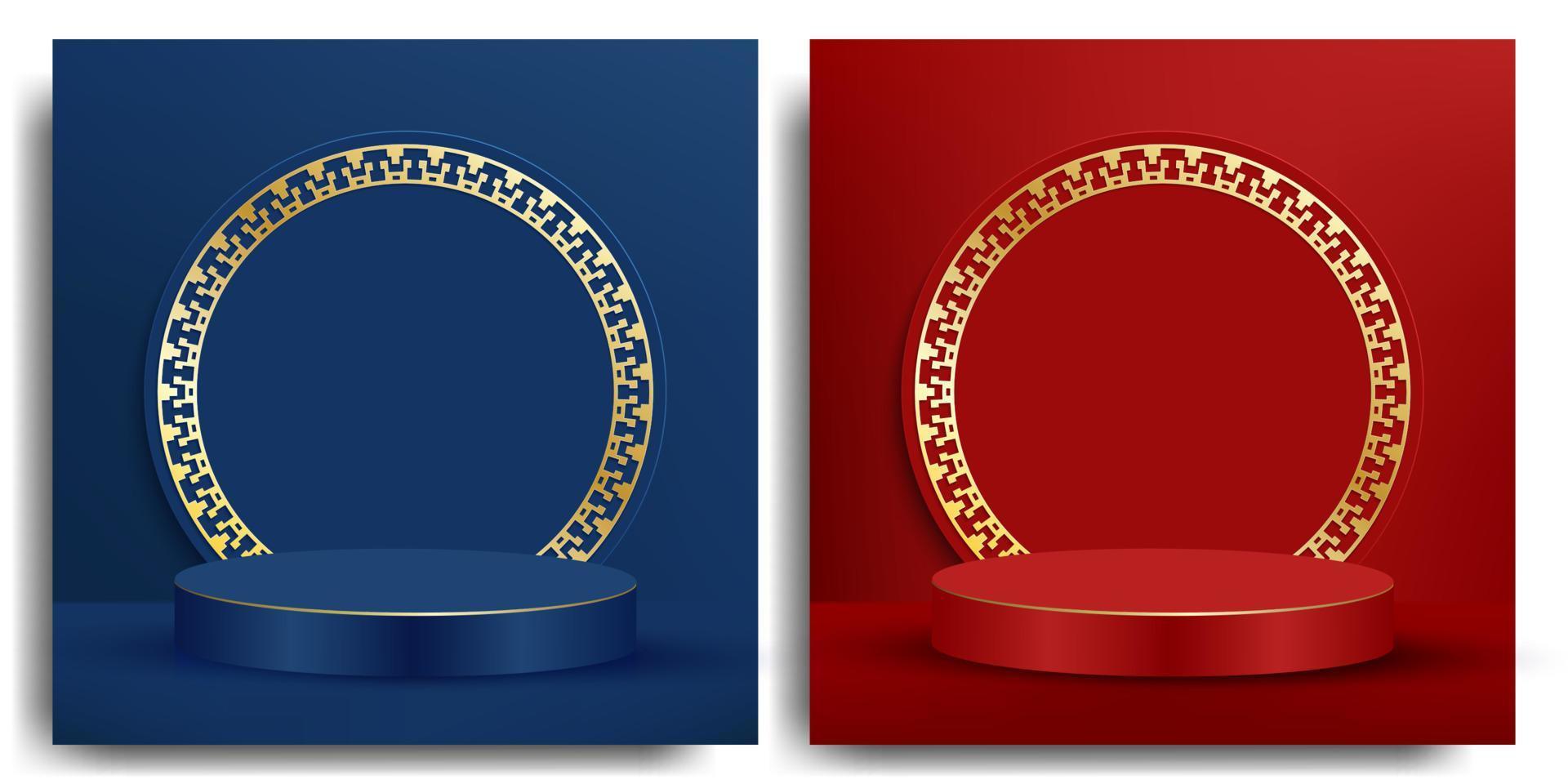 Red and blue round stage podium for Chinese New Year online sales promotion in paper cut style vector