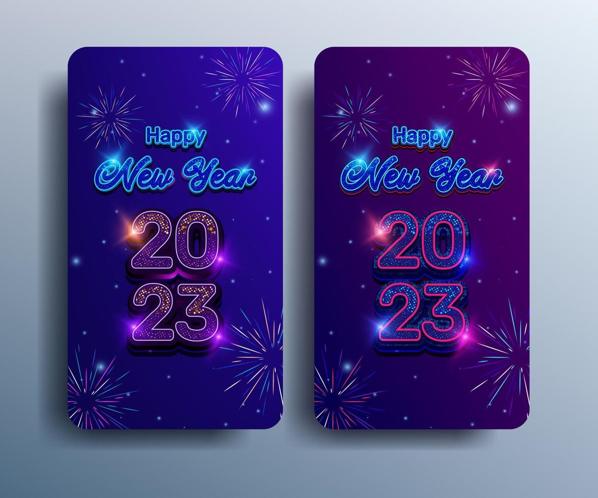 cartel y pancarta de feliz año nuevo 2023 para historias de medios sociales con efecto de texto de neón con destellos coloridos de medio tono, fuegos artificiales, estrellas vector