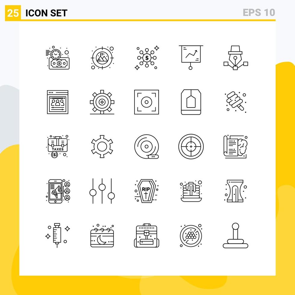 Universal Icon Symbols Group of 25 Modern Lines of art pen share presentation finance Editable Vector Design Elements