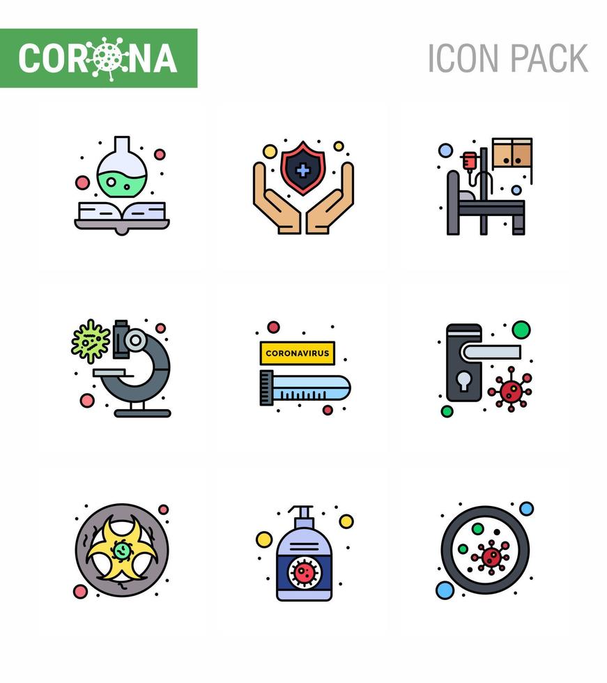 9 Filled Line Flat Color Set of corona virus epidemic icons such as virus blood test medical blood microscope viral coronavirus 2019nov disease Vector Design Elements