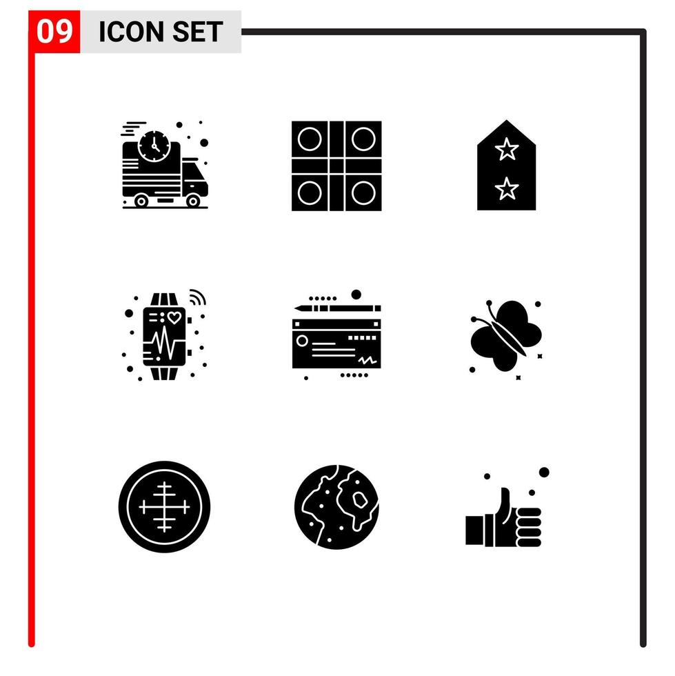 9 Thematic Vector Solid Glyphs and Editable Symbols of money watch sports smart metal Editable Vector Design Elements