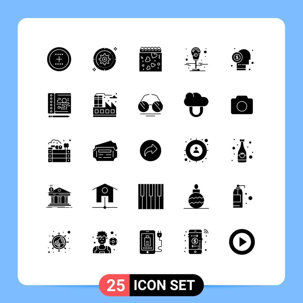 25 Universal Solid Glyphs Set for Web and Mobile Applications broker meter wheel machine love Editable Vector Design Elements