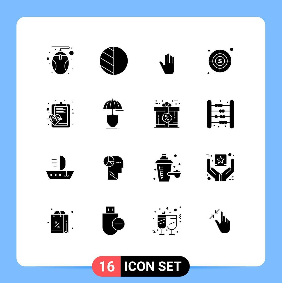 Group of 16 Modern Solid Glyphs Set for medical health gestures check target Editable Vector Design Elements