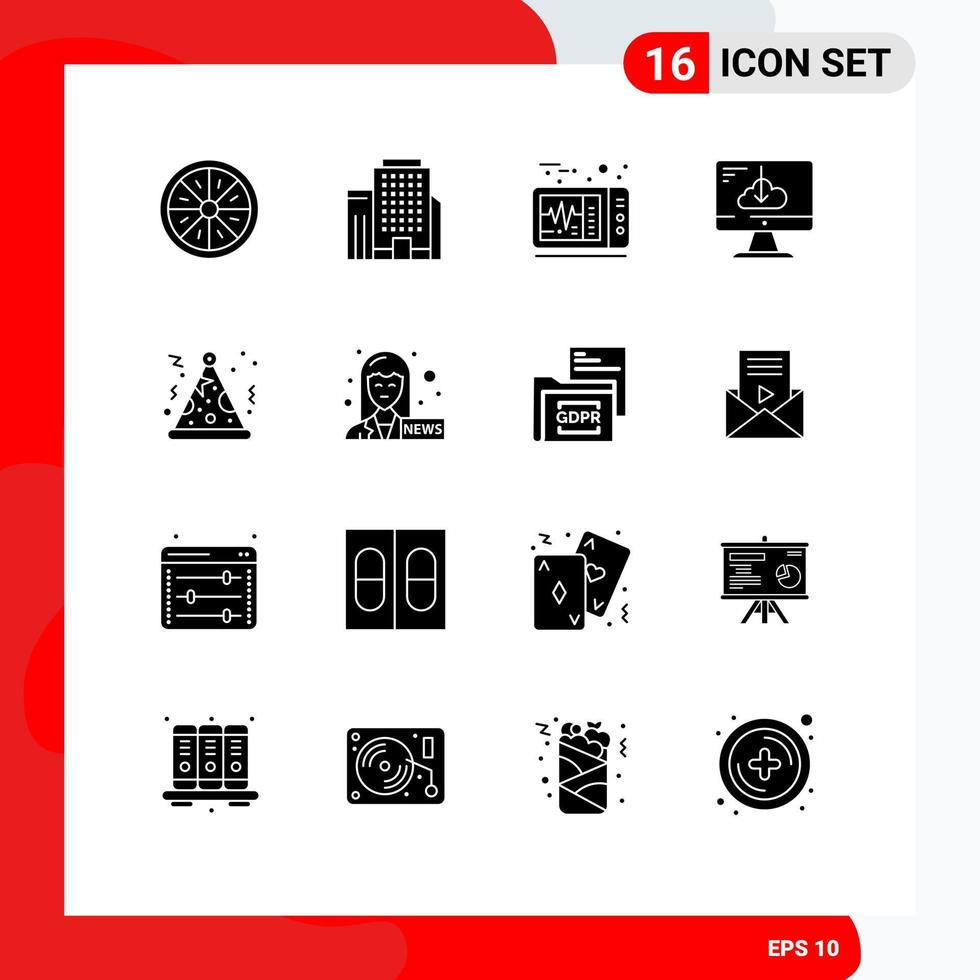 16 User Interface Solid Glyph Pack of modern Signs and Symbols of party installation electrocardiogram install download Editable Vector Design Elements