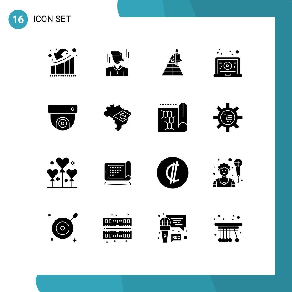 16 User Interface Solid Glyph Pack of modern Signs and Symbols of video learning man internet space craft Editable Vector Design Elements
