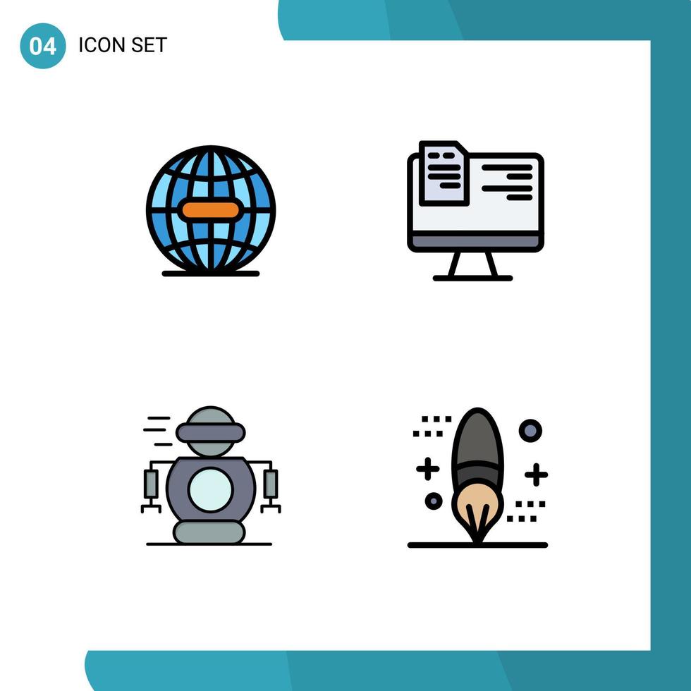 paquete de 4 signos y símbolos de colores planos de línea de relleno modernos para medios de impresión web, como tecnología terrestre, educación en Internet, robot, elementos de diseño de vectores editables
