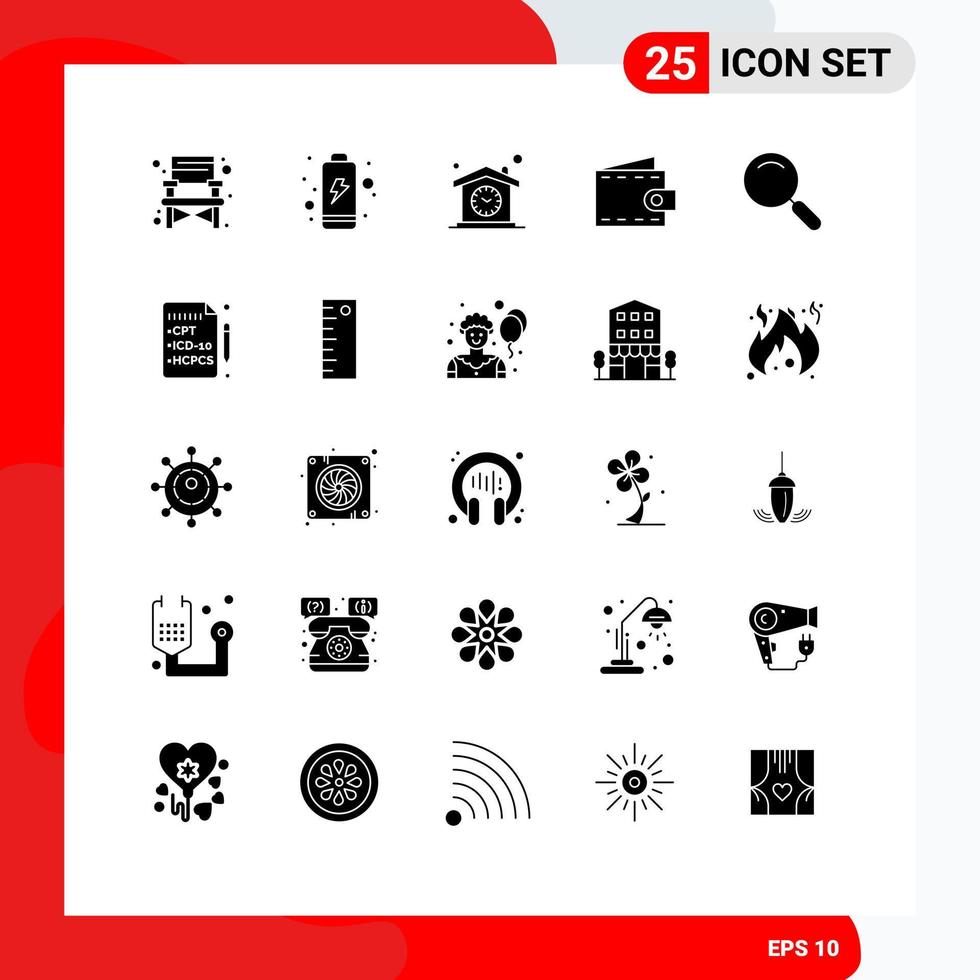 Group of 25 Modern Solid Glyphs Set for magnify general time wallet money Editable Vector Design Elements