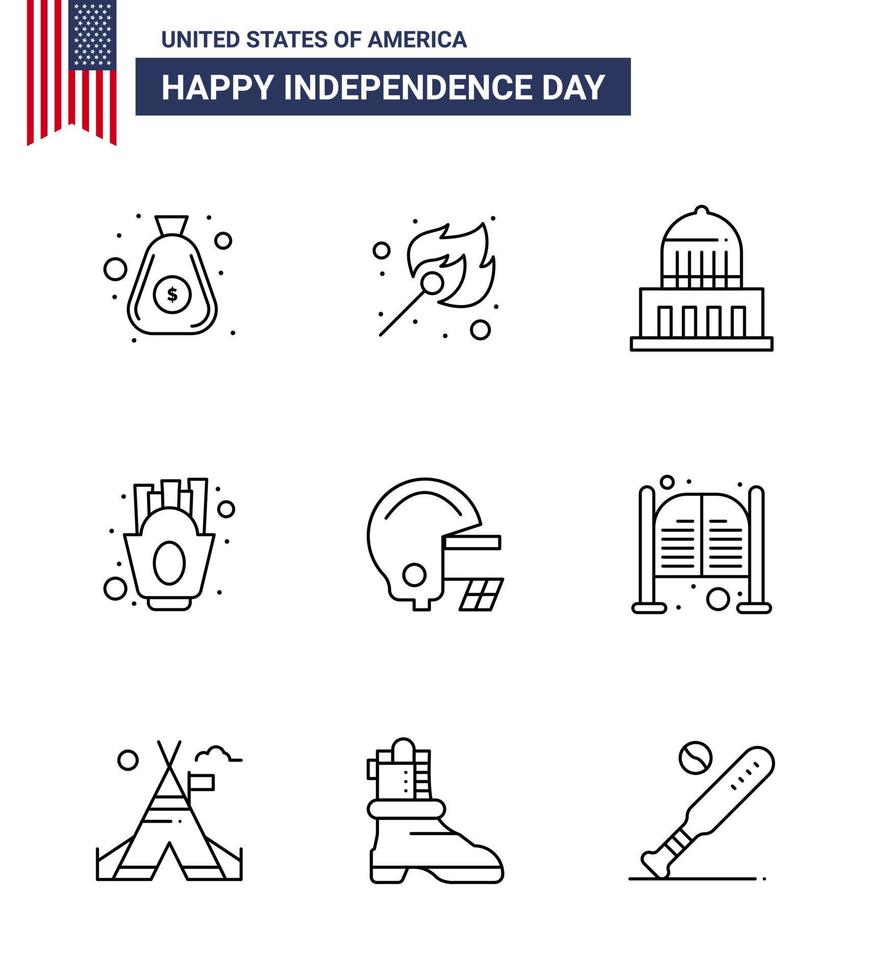 Big Pack of 9 USA Happy Independence Day USA Vector Lines and Editable Symbols of football food building fries chips Editable USA Day Vector Design Elements