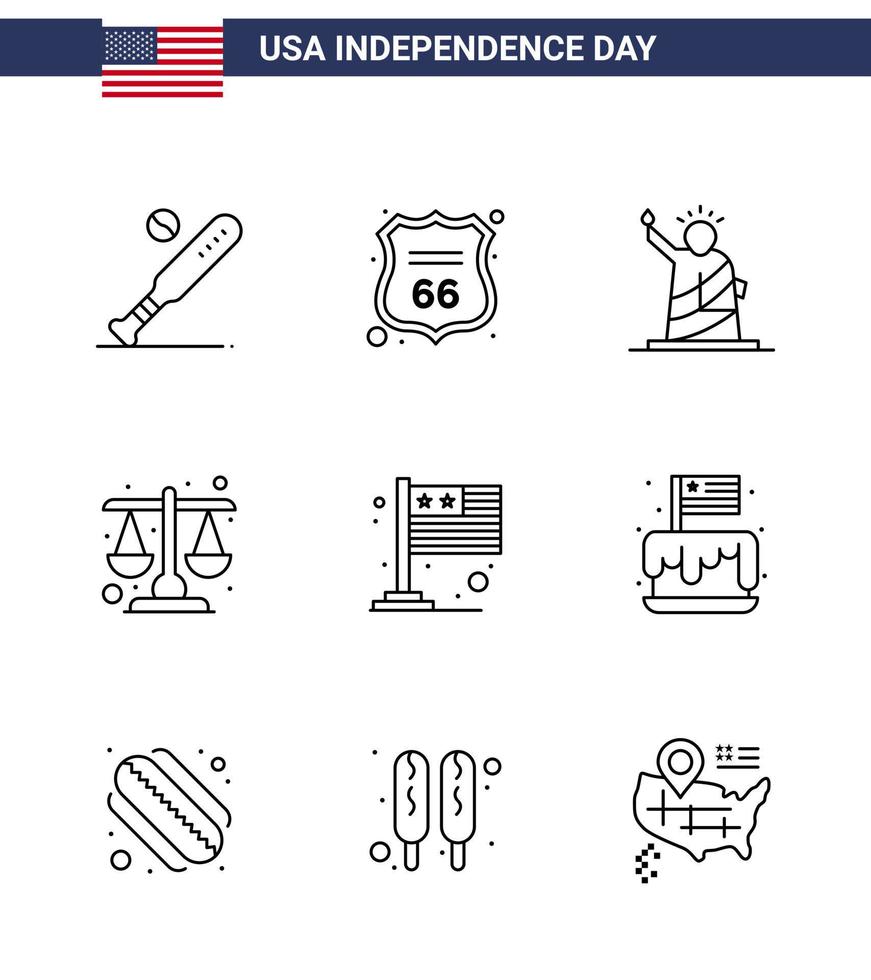 9 Line Signs for USA Independence Day scale justice american court statue Editable USA Day Vector Design Elements