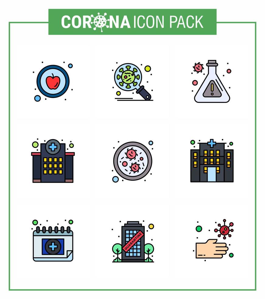 covid19 protección coronavirus pendamic 9 línea llena conjunto de iconos de color plano como gérmenes matraz de enfermería atención médica coronavirus viral 2019nov enfermedad vector elementos de diseño