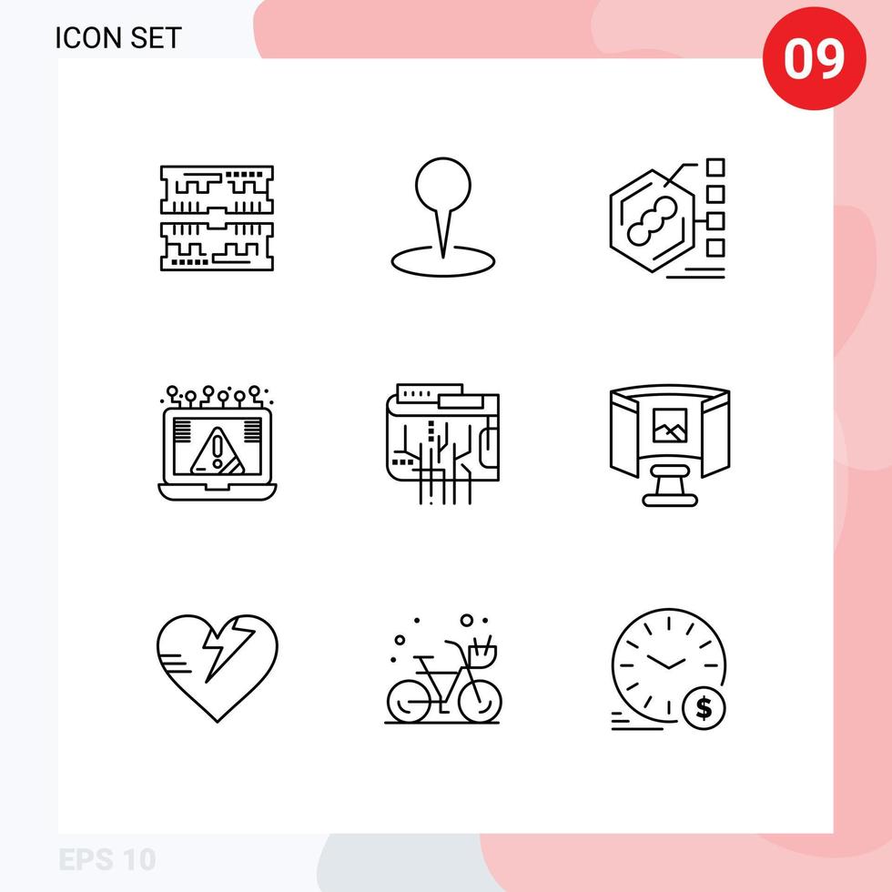 Pack of 9 Modern Outlines Signs and Symbols for Web Print Media such as security cyber bacteria crime life Editable Vector Design Elements