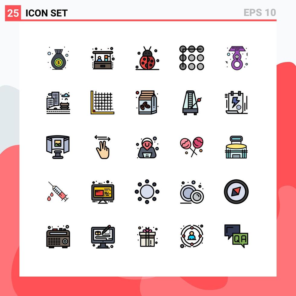 Set of 25 Modern UI Icons Symbols Signs for day eight march beetle bug security lock Editable Vector Design Elements