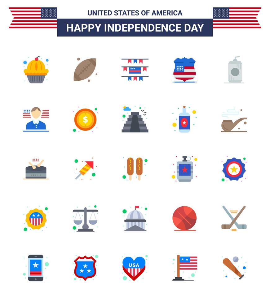 Happy Independence Day 4th July Set of 25 Flats American Pictograph of drink bottle buntings security sign Editable USA Day Vector Design Elements