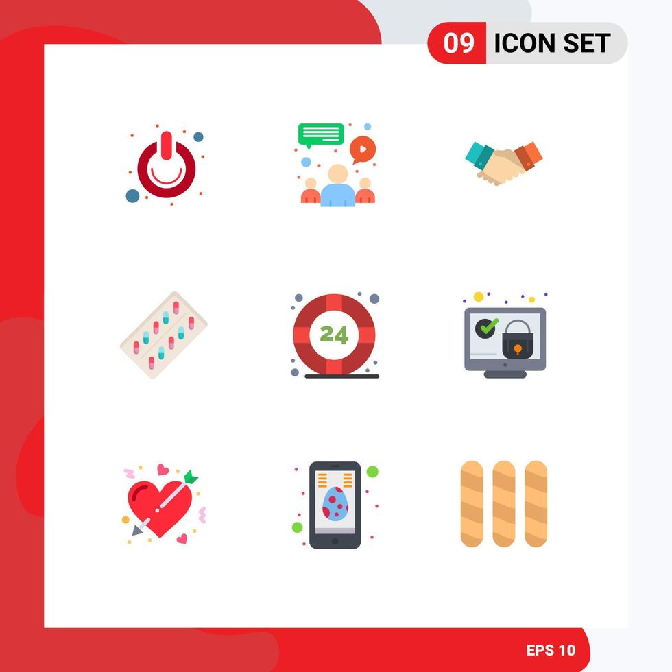 Group of 9 Flat Colors Signs and Symbols for drugs medicine team partnership hands Editable Vector Design Elements