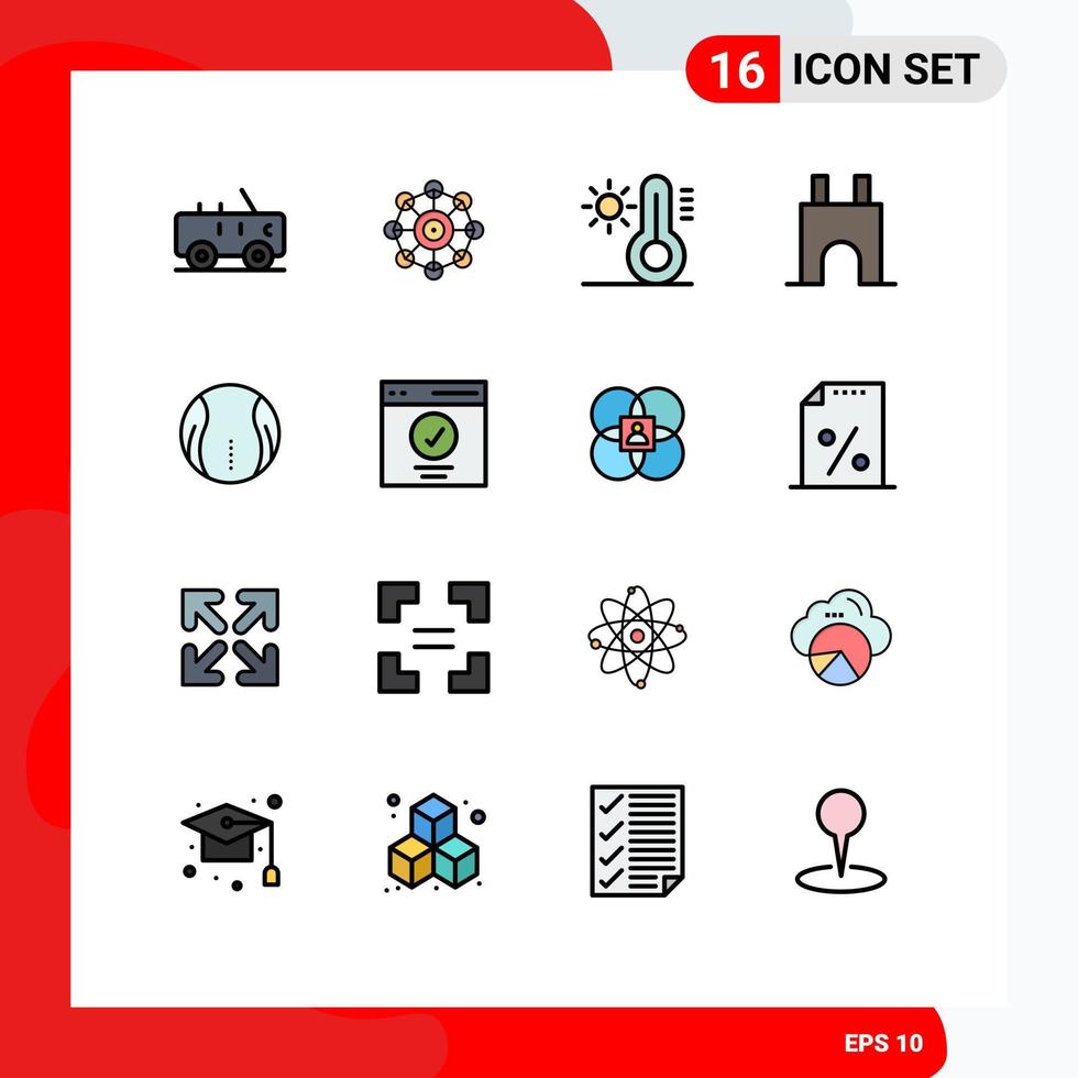 16 Universal Flat Color Filled Line Signs Symbols of sport ball sun medieval castle tower Editable Creative Vector Design Elements