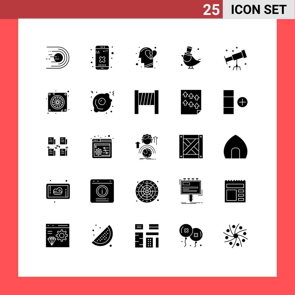 Pack of 25 creative Solid Glyphs of astronaut pet app fly break heart Editable Vector Design Elements