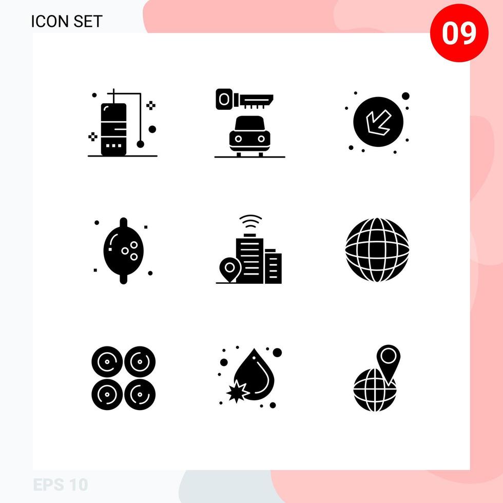 Universal Icon Symbols Group of 9 Modern Solid Glyphs of world globe left location building Editable Vector Design Elements