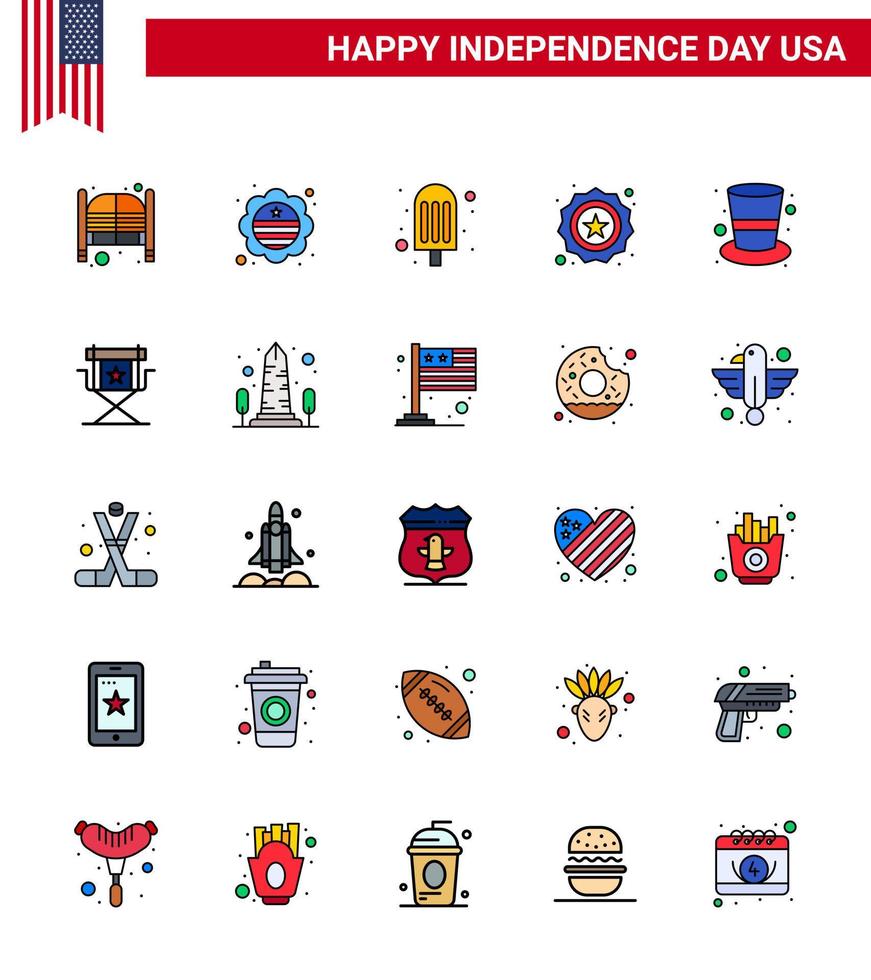 paquete grande de 25 estados unidos feliz día de la independencia líneas planas llenas de vectores de estados unidos y símbolos editables de la insignia de la bandera de gorra insignia elementos de diseño de vectores del día de estados unidos editables estadounidenses